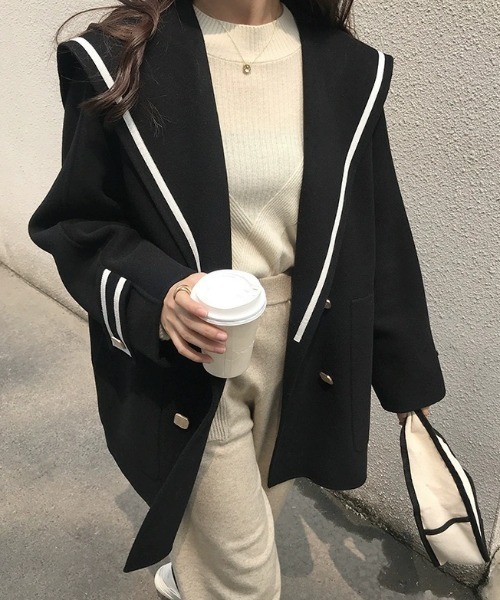 コート アウター 配色ラインセーラーカラーメルトンコート レディース
