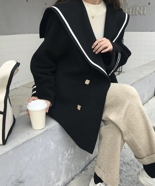 コート アウター 配色ラインセーラーカラーメルトンコート レディース