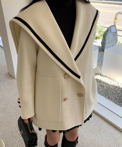 コート アウター 配色ラインセーラーカラーメルトンコート レディース