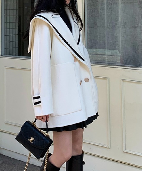コート アウター 配色ラインセーラーカラーメルトンコート レディース