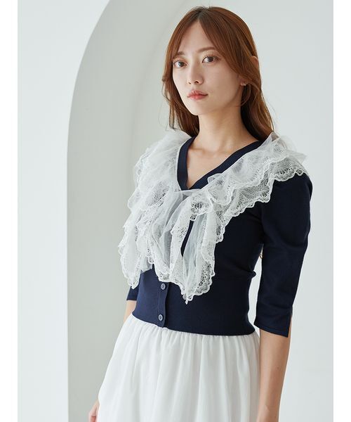 SNIDEL 【極美品】フリルニットプルオーバー ブルー カーディガン レース SNIDEL（スナイデル） ニット セーター チュールフリルニットプル