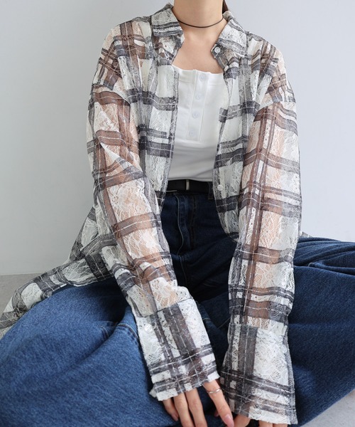 Freesia ブラウス シャツ レースチェック長袖シアーシャツ レディース