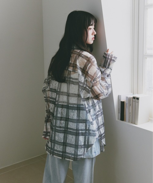 Freesia ブラウス シャツ レースチェック長袖シアーシャツ レディース