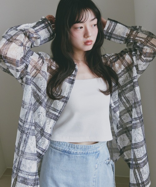 Freesia ブラウス シャツ レースチェック長袖シアーシャツ レディース