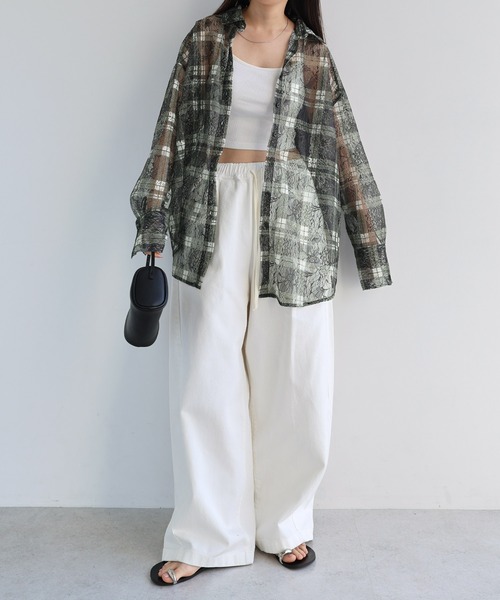 Freesia ブラウス シャツ レースチェック長袖シアーシャツ レディース