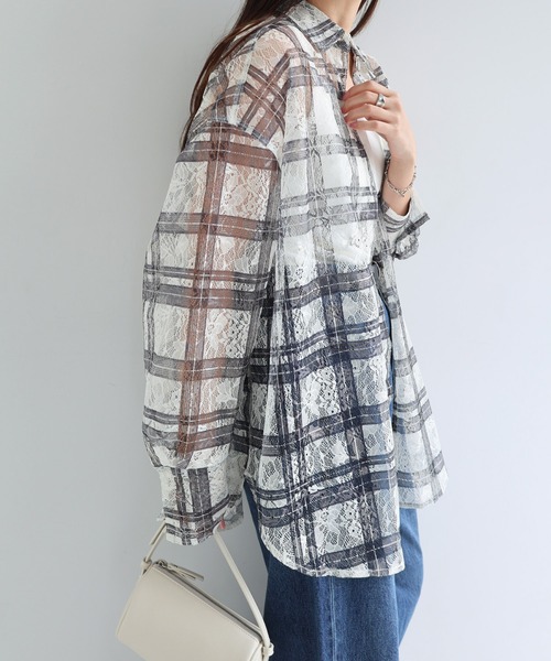 Freesia ブラウス シャツ レースチェック長袖シアーシャツ レディース