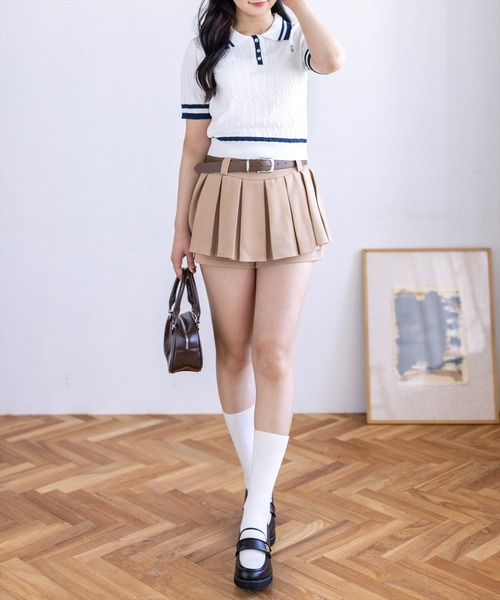 ベージュ プリーツミニスカート ベルト付き clear スカート ベルト付きプリーツミニスカートパンツ「韓国