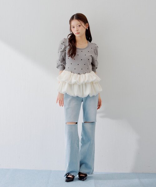 ニット セーター 「SALON by Chico」5分袖ドットバルーンペプラムパワショルニット レディースの画像
