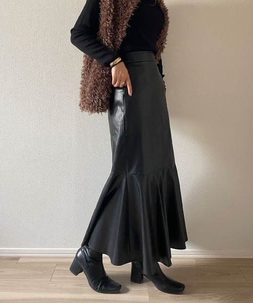 JUNOAH（ジュノア） スカート PUレザーフレアマーメイドスカート