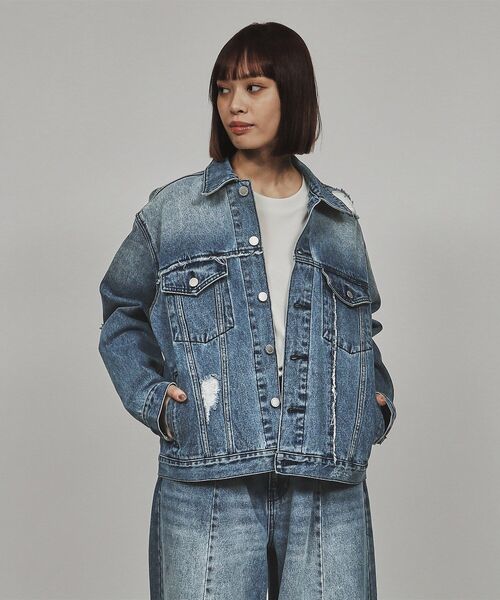 ダークブルー デニムジャケット New Single Pocket Denim Jacket(42 Medirum Dark Blue Damage