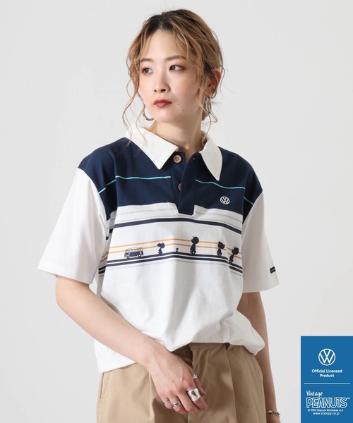 Volkswagen ポロシャツ 半袖 ネイビー/ブルー PEANUTS ポロシャツ PEANUTS×VOLKSWAGEN 半袖ポロシャツ メンズ