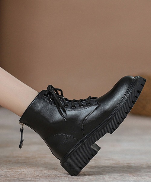 レザー ブラックブーツ レースアップ商品購入専用ページ セール】ダブルベルト付きレザー調レースアップショートブーツ