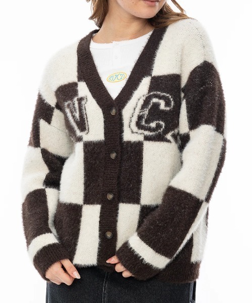 カーディガン RVCA レディース HERE WE ARE CARDIGAN セーター/ルーカ大判チェッカー柄ロゴカーディガン レディース