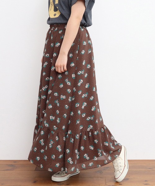 Dot＆Stripes CHILD WOMAN スカート ラインフラワープリント 裾