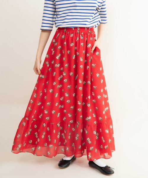 Dot＆Stripes CHILD WOMAN スカート ラインフラワープリント 裾