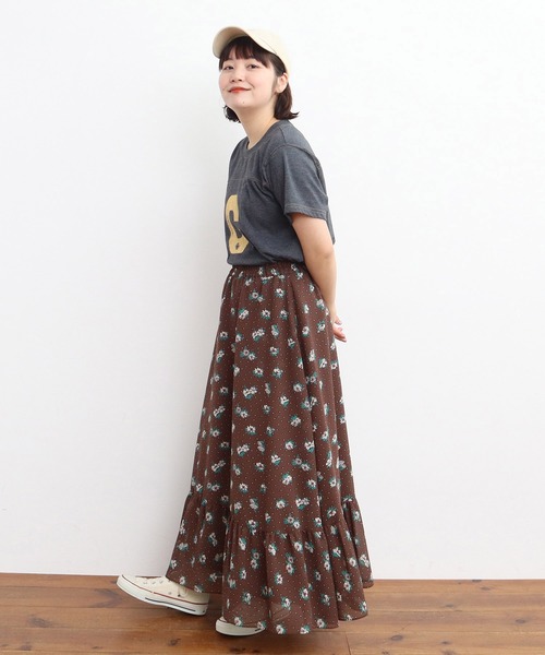 Dot＆Stripes CHILD WOMAN スカート ラインフラワープリント 裾