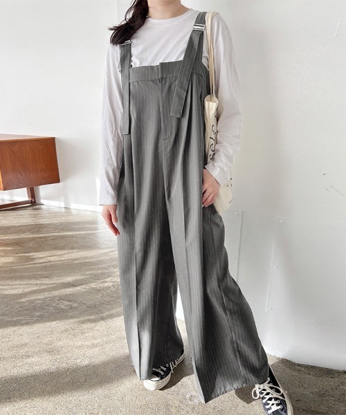 サロペット オーバーオール ストライプ柄ワイドパンツサロペット