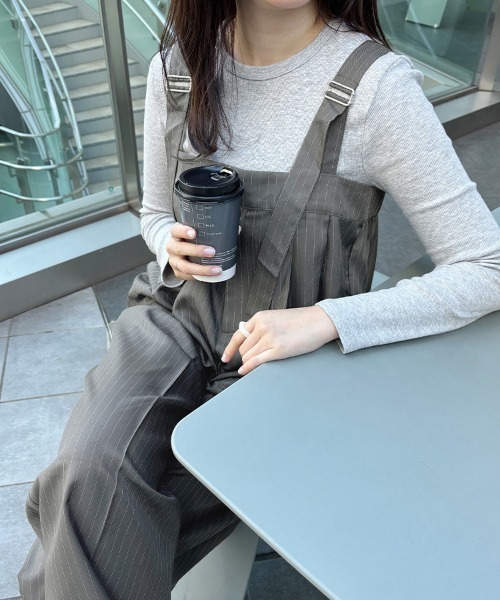 サロペット オーバーオール ストライプ柄ワイドパンツサロペット