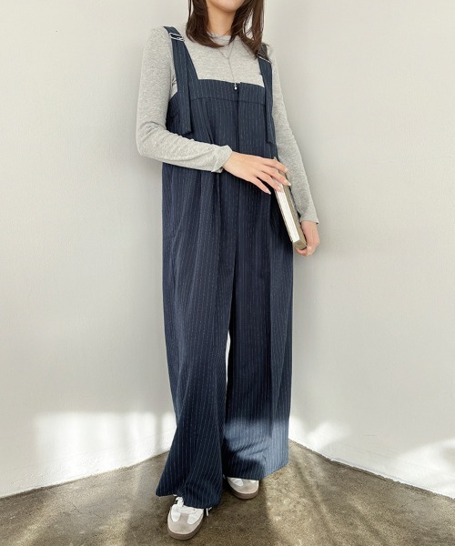 ストライプ オーバーオール レディース She's Closet サロペット オーバーオール フロントジップタック入り