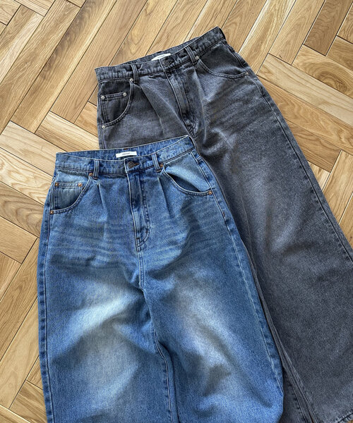 【新色追加】タックデニムワイドパンツ【一部 追加予約】 Discoat ジーンズ デニム デニムパンツ 「新色追加/ユニセックス