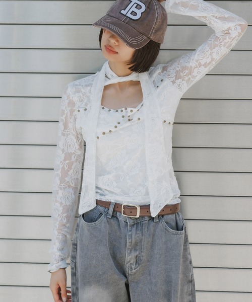 BLANK（ブランク） tシャツ Studs Ribbon Lace Tops / スタッズリボン