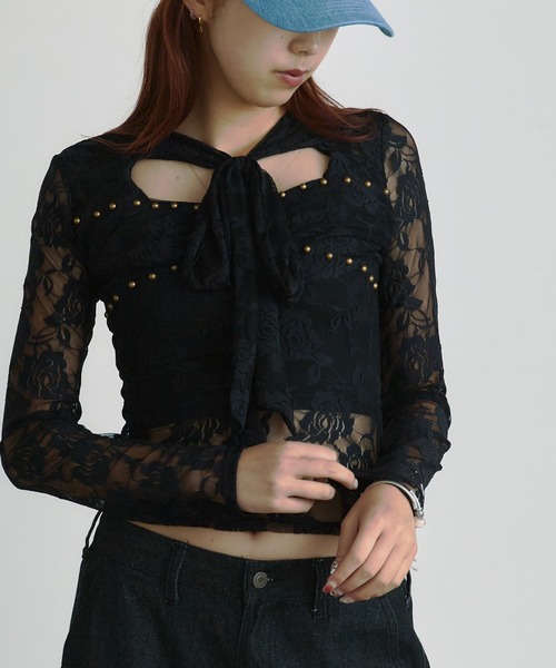 BLANK（ブランク） tシャツ Studs Ribbon Lace Tops / スタッズリボン