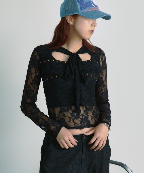 BLANK（ブランク） tシャツ Studs Ribbon Lace Tops / スタッズリボン