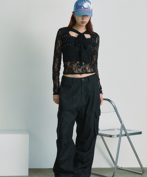 ◆レース&amp;リボン使用のブラックトップス◆美品 BLANK（ブランク） tシャツ Studs Ribbon Lace Tops / スタッズリボン