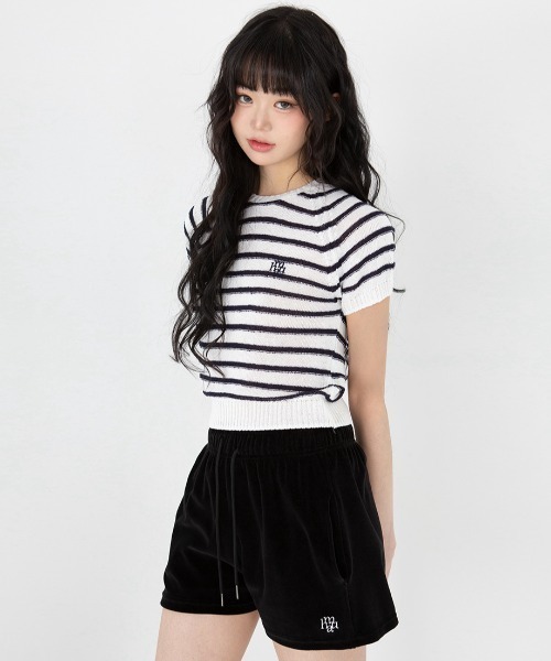 tシャツ A'GEM/9 × .kom 「muah muah/ムーアムーア」BOUCLE STRIPE RAGLAN HALF KNIT/ブークレーボ
