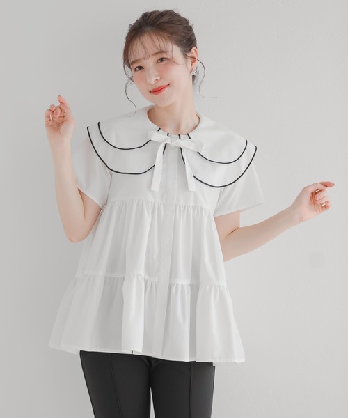 Fit more ブラウス シャツ ペタルカラーティアードブラウス