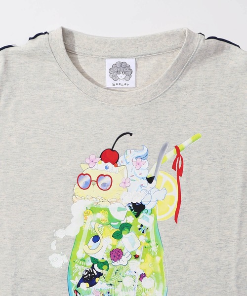 【SALE 10%OFF】 Scolar スカラー 配色 メロウ ステッチ クリームソーダ柄 Tシャツ 夏 レディース 五分袖 おしゃれ ScoLar tシャツ 152674：配色メロウステッチ クリームソーダ柄T