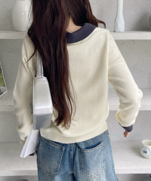 Ada. カーディガン バイカラー衿付き 刺繍ロゴ Vネックニット