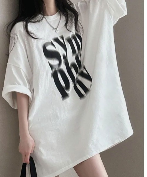 NANAHACHI tシャツ 半袖 ぼやけ文字プリント ボクシー 半袖Tシャツ