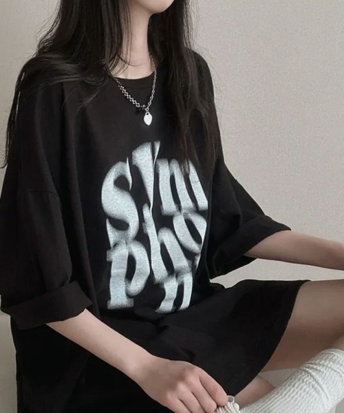 NANAHACHI tシャツ ぼやけ文字プリント ボクシー 半袖Tシャツ