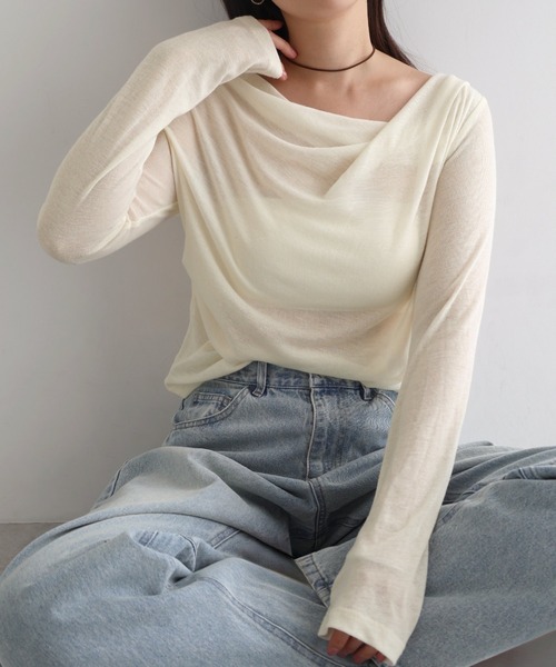 andme（アンドミー） tシャツ ドレープネックオフショルダーシアー