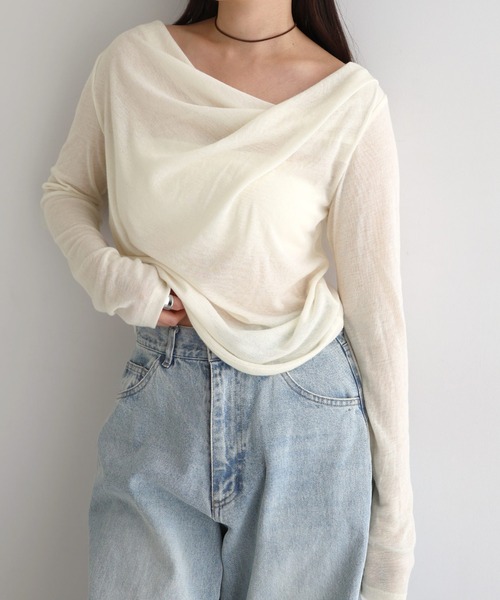 andme（アンドミー） tシャツ ドレープネックオフショルダーシアー
