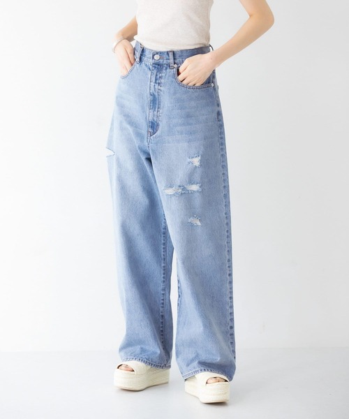 ダメージ加工デニムパンツ 薄い青 ダメージ加工 スリムフィット デニムパンツ - メルカリ
