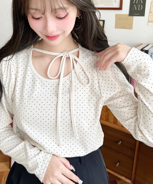 moment+ tシャツ ドットプリントバレエコアパフスリーブ長袖カットソー
