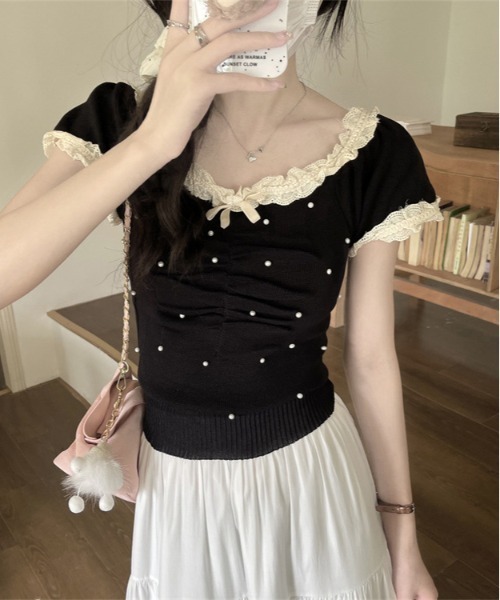 00s coquette バレエコア レースリボンカットソー gossip!ロサンゼルス tシャツ Y2K レースカットソー トップス
