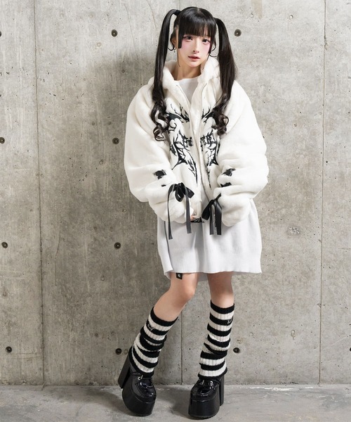 Amilige（アミリージュ） コート アウター ネコ耳ハートロゴ刺繍ZIP