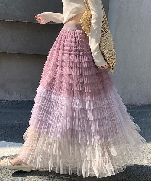 ロング スカート グラデーションフリルチュールAラインロングスカート