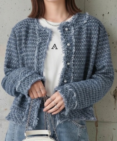 【courreges】　デニム　ジャケット　フリンジ　ノーカラー deux amour ジャケット ノーカラージャケット フリンジデニム