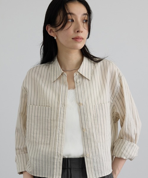 未使用新品 SALON adam et ropé クロップドストライプシャツ SALON adam et rope'（サロン アダム エ ロペ） リネンシャツ ブラウス