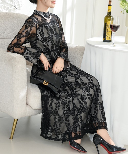 「Lace Ladies」 長袖ワンピース S ブルーグレー レディース_画像7