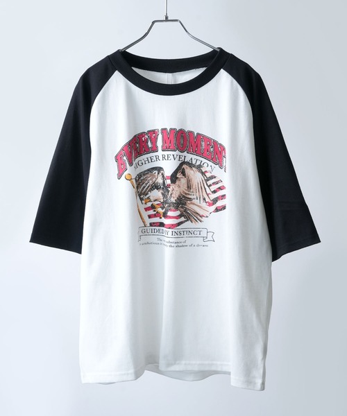 さらに100円引き◆WOOALONG◆Line colored raglan T-shirt Starting Over tシャツ oversize raglan sleeve print T-shirt