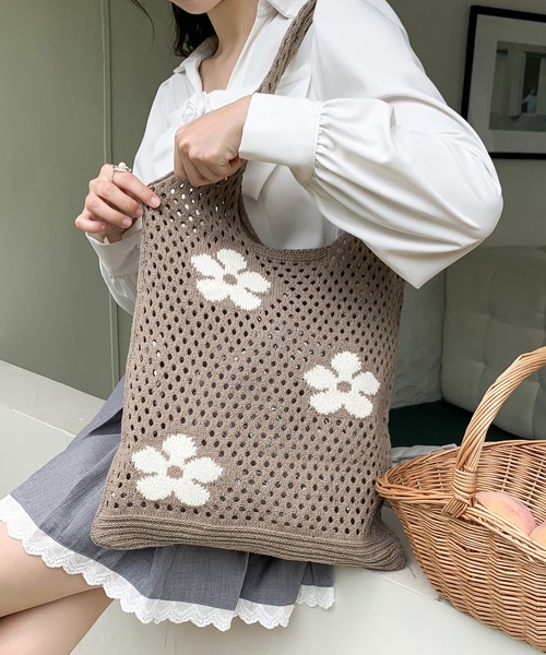 トートバッグ フラワー メッシュ ニット トートバッグ A4サイズ