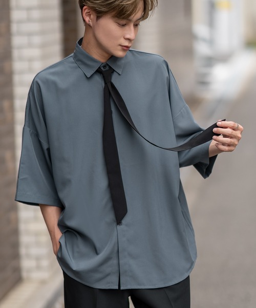半袖シャツ メンズ ゆったり ネクタイ ポケット デザイン 3色 SIDEWAY STANCE シャツ ポリストレッチ ネクタイ付き 半袖シャツ