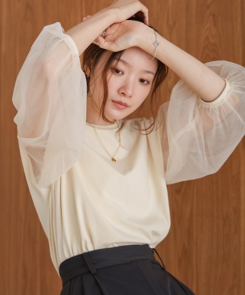 BAB tシャツ シアーボリュームスリーブトップス レディース