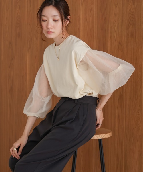 BAB tシャツ シアーボリュームスリーブトップス レディース