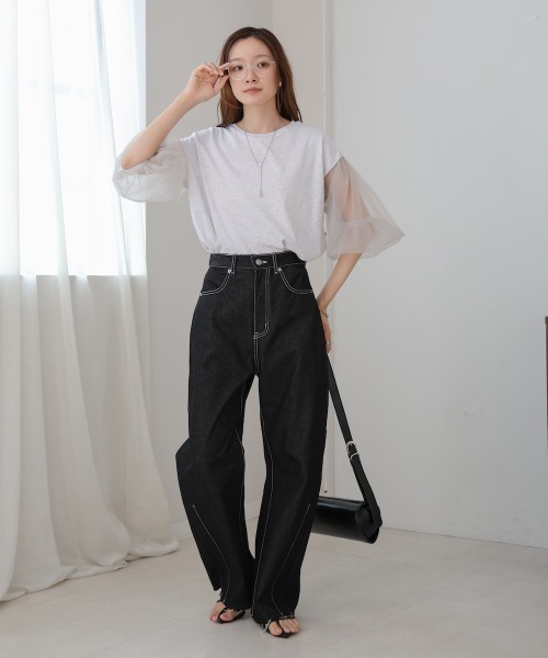 BAB tシャツ シアーボリュームスリーブトップス レディース